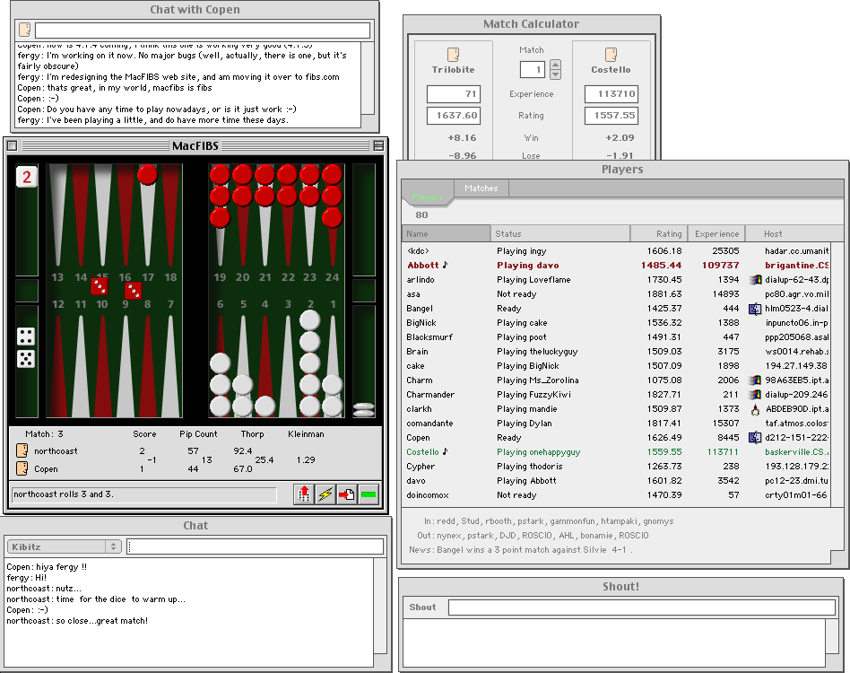 Screenshot of MacFIBS, with multiple windows open